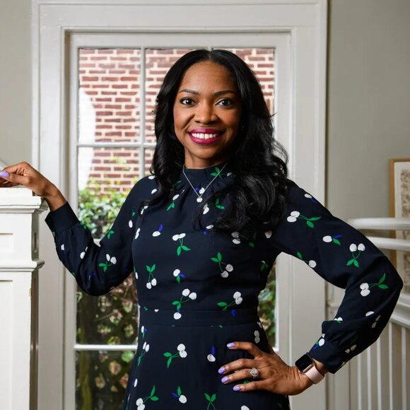 NWT Banana Republic Cherry Print Fit & Flare Dress Blouson Sleeve 12P Navy Women - Picture 3 of 4